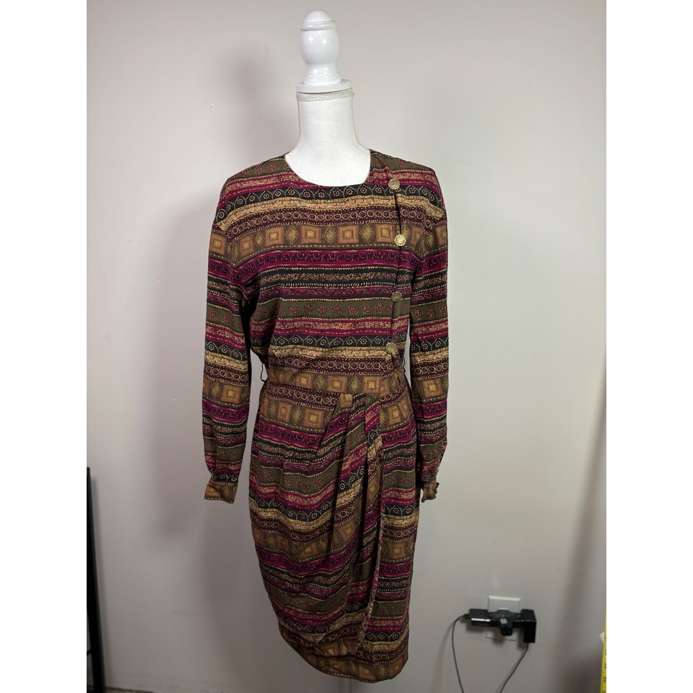 Dana Buchman Vintage 100% Silk Geometric Paisley Stripe Midi Dress Womens 10